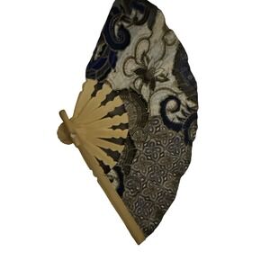 Vintage Batik Folding Hand Fan Navy Blue Gold Paisley Wooden Scalloped Frame